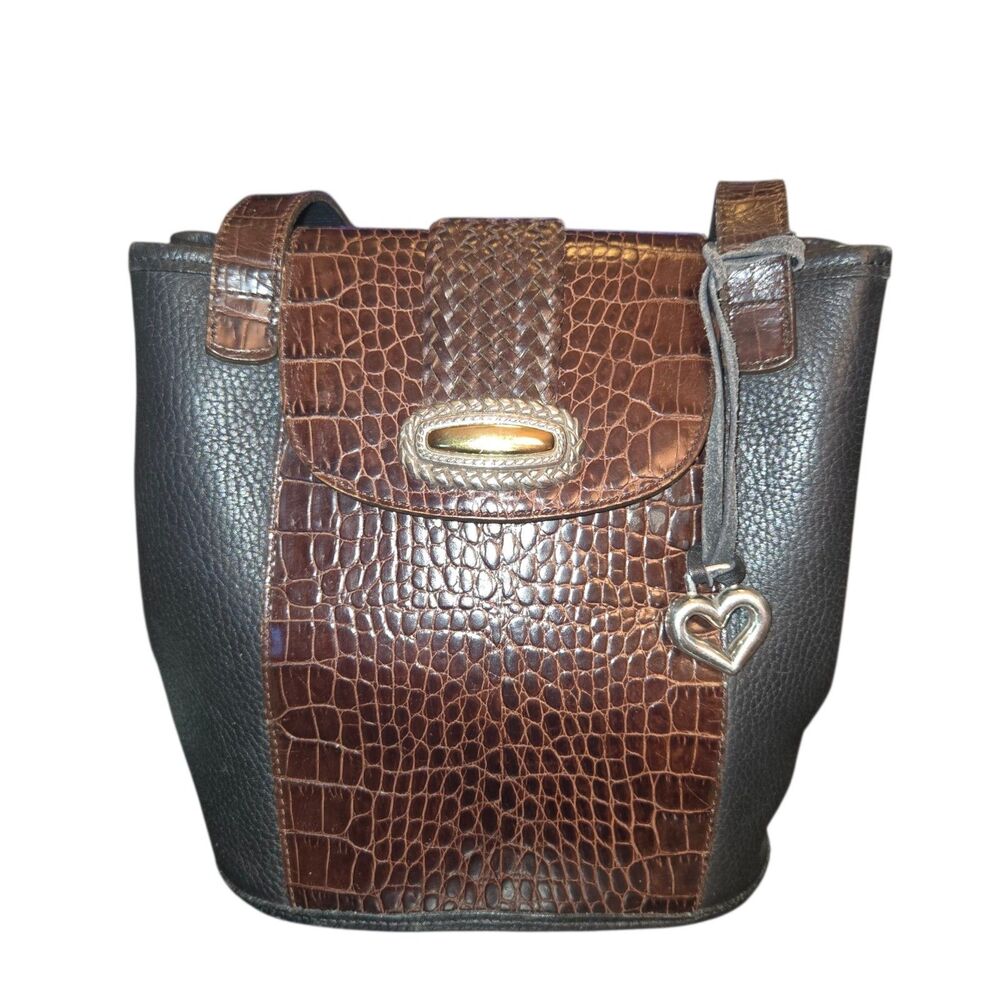 Brighton VTG Black Pebbled & Brown Croc Leather Bucket‎ Shoulder Bag 9"X8.5"X5"